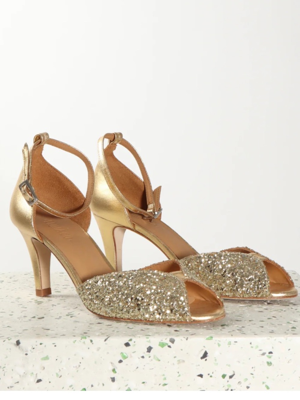 Anthropologie Emma Go Jolene Champagne Glitter Open Toe Heels Size 39